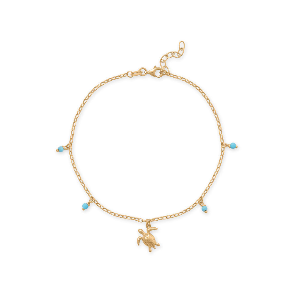 14 Karat Gold Plated Sea Turtle and Reconstituted Turquoise Anklet