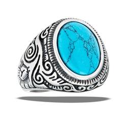 Stainless Steel Large Men's Ring With Synthetic Turquoise And Scrolling - Matador Diamond