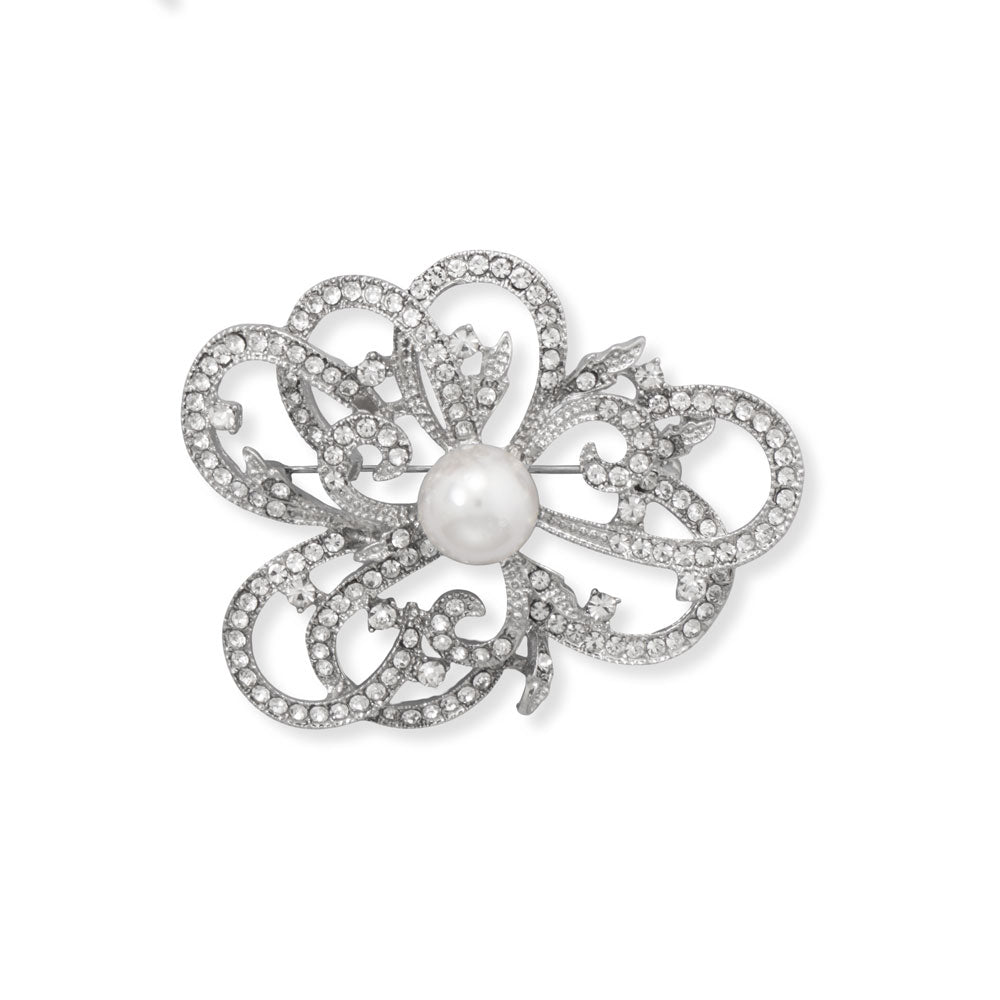 Simulated Pearl and Crystal Flower Fashion Pin