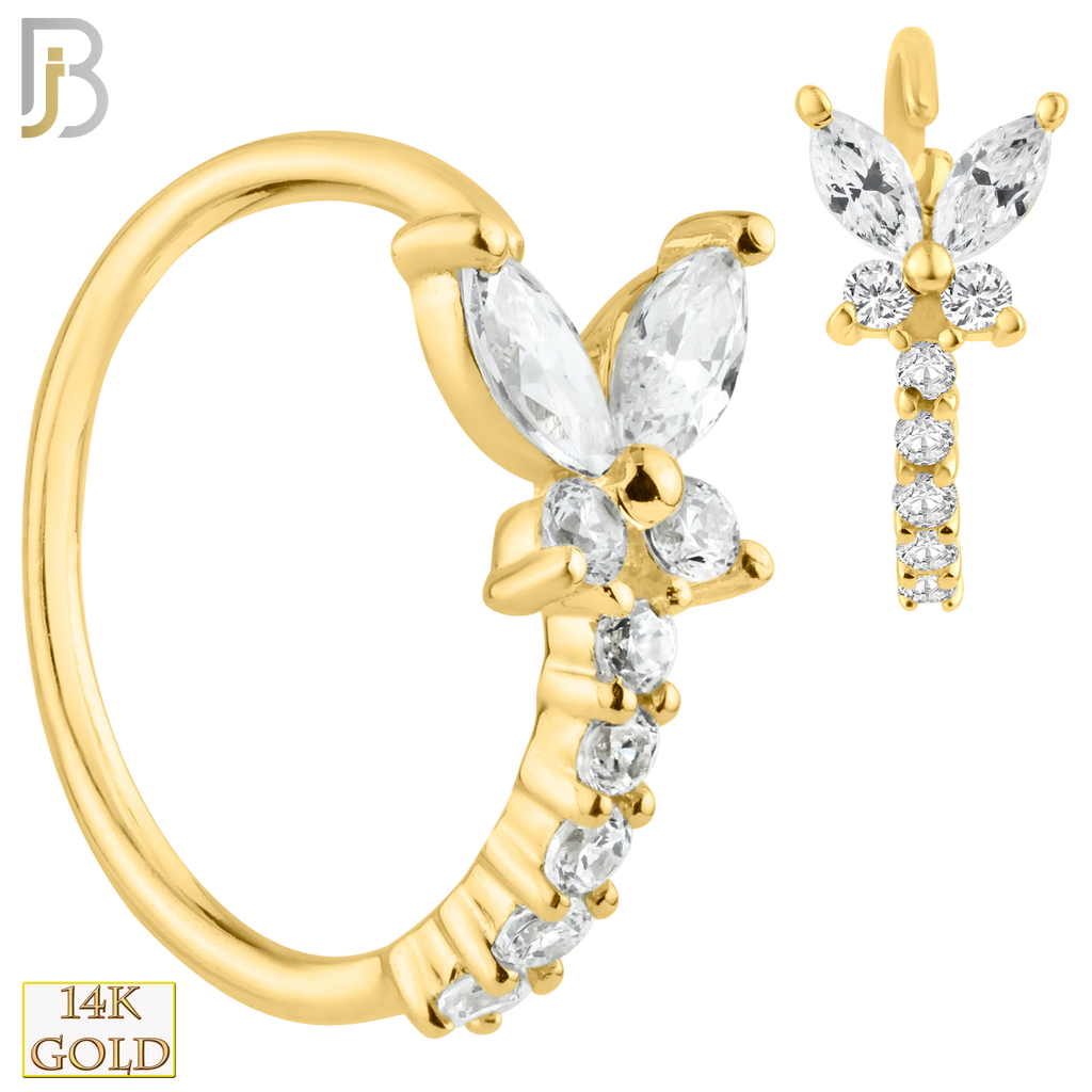 14K Solid Gold Butterfly Design with line of Multi Zircon Nose Hoops