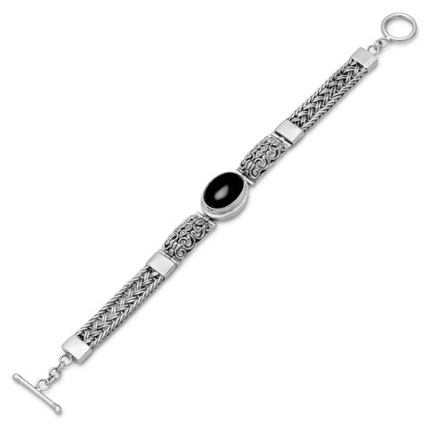 Sterling Silver Oxidized Filigree Design Toggle Bracelet with Black Onyx