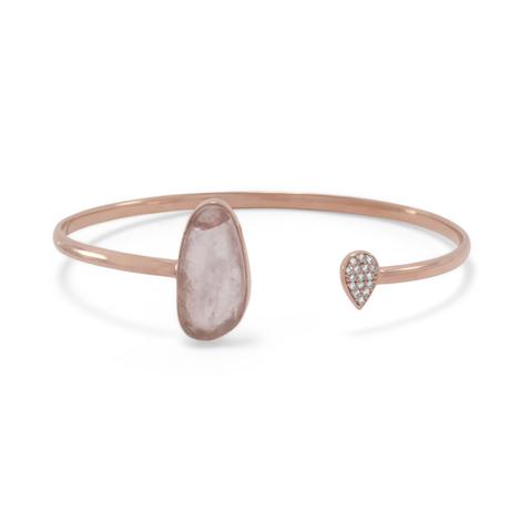 Sterling Silver  Gold Plated Rose Quartz and CZ Open Cuff Bracelet