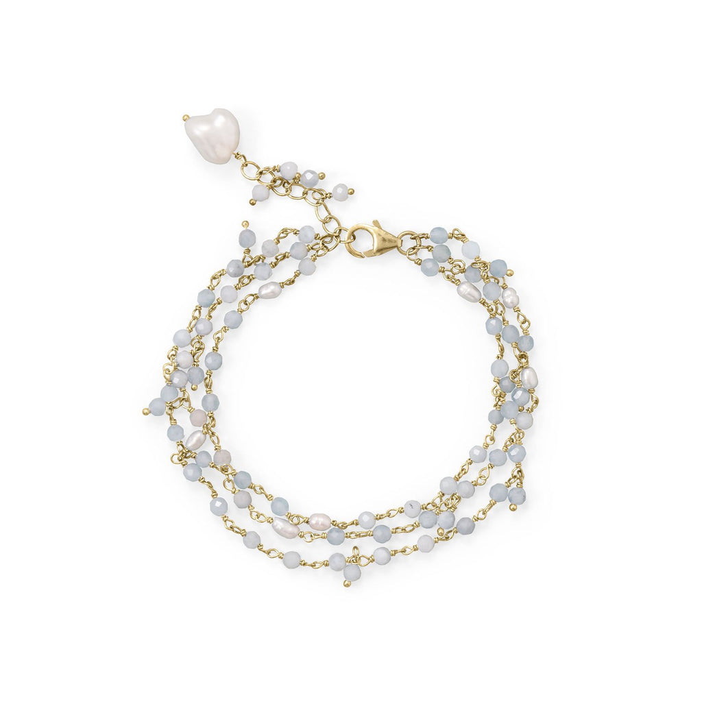 7"+1" 14 Karat Gold Plated Aquamarine and Cultured Fresh Water Pearl Bracelet