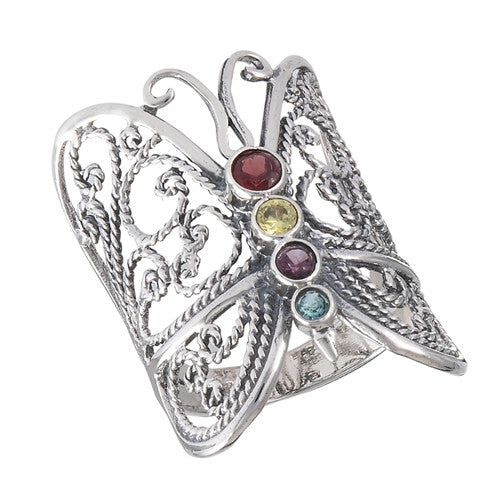 Sterling Silver Butterfly Ring with Mixed CZ