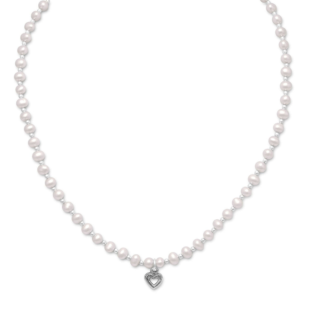 13"+2" Extension Cultured Freshwater Pearl/Silver Bead Necklace with Oxidized Heart