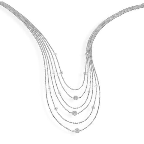 Sterling Silver Rhodium Plated Multistrand Graduated Necklace With CZ