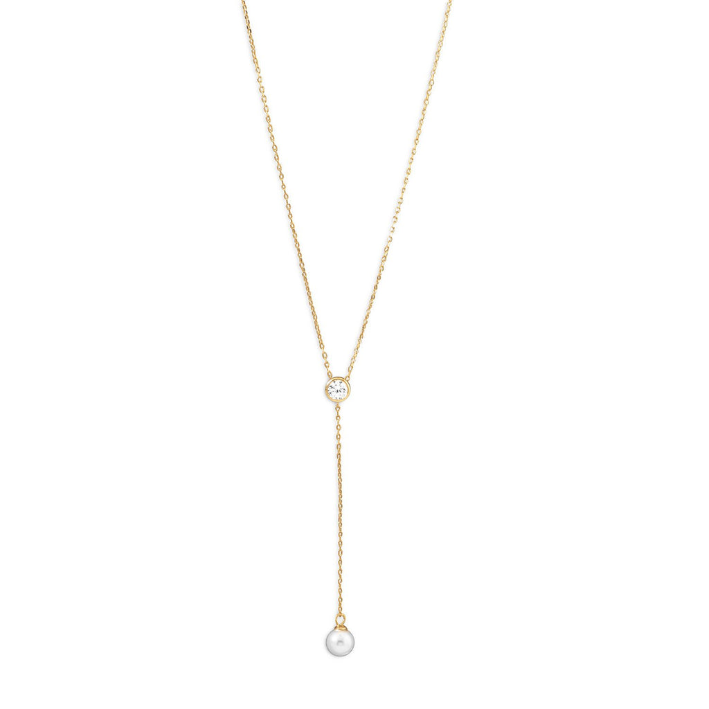 14 Karat Gold Plated Necklace with CZ and Imitation Pearl Drop