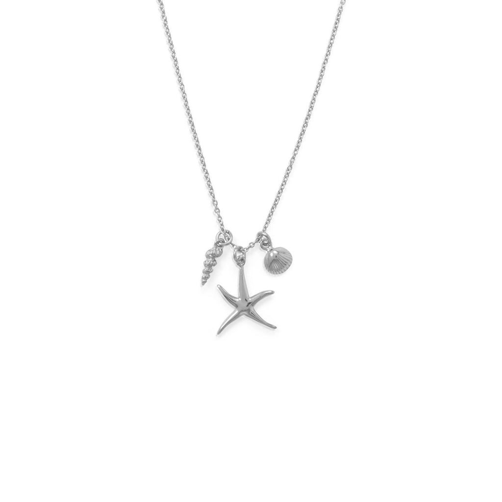16" Rhodium Plated Starfish and Shells Charm Necklace