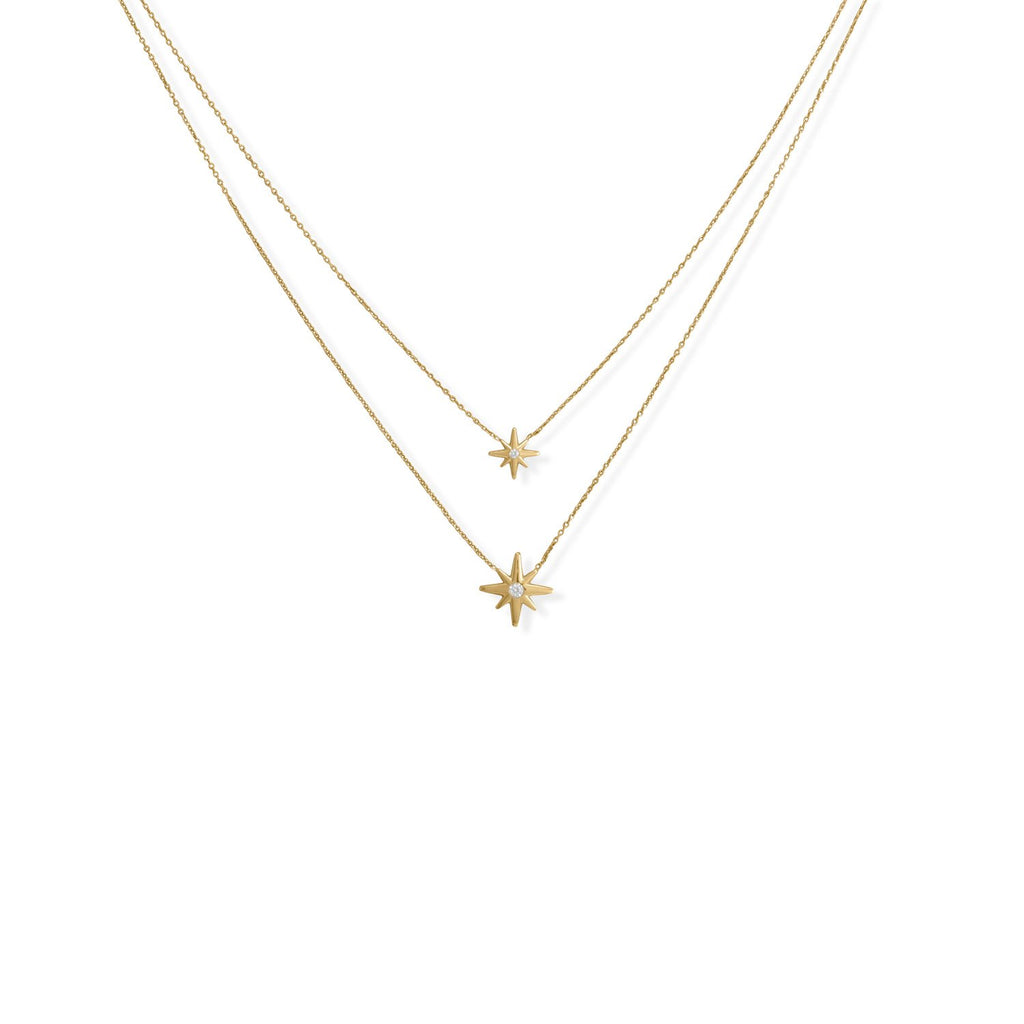 16"/17"+2" 14 Karat Gold Plated Two Strand CZ Star Necklace