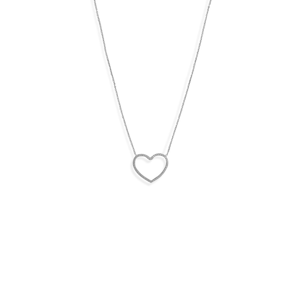 16" + 2" Rhodium Plated Diamond Cut Heart Outline Necklace