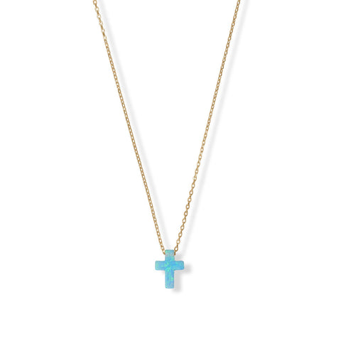 16" + 2" 14 Karat Gold Plated Synthetic Opal Cross Necklace