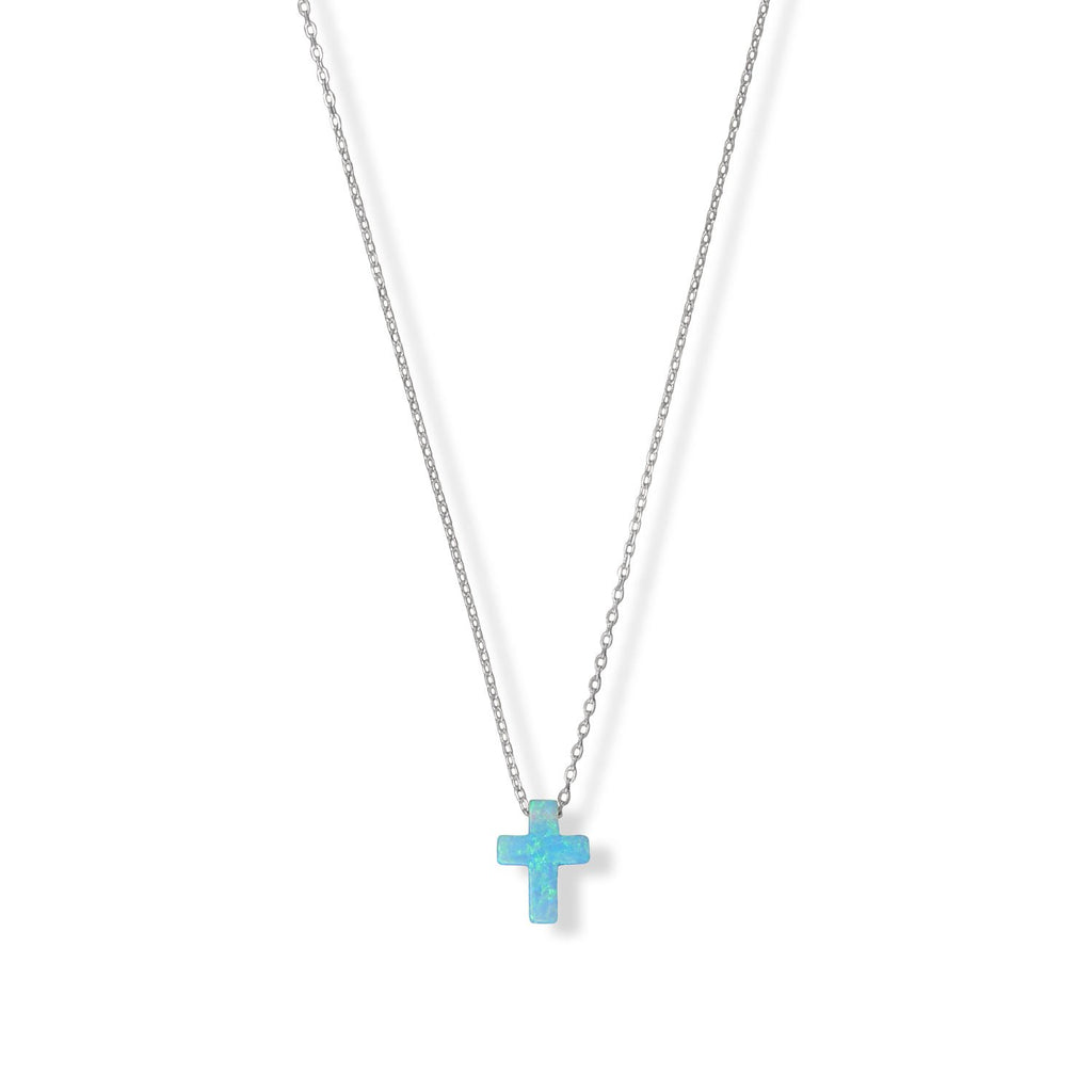 16" + 2" Rhodium Plated Synthetic Opal Cross Necklace