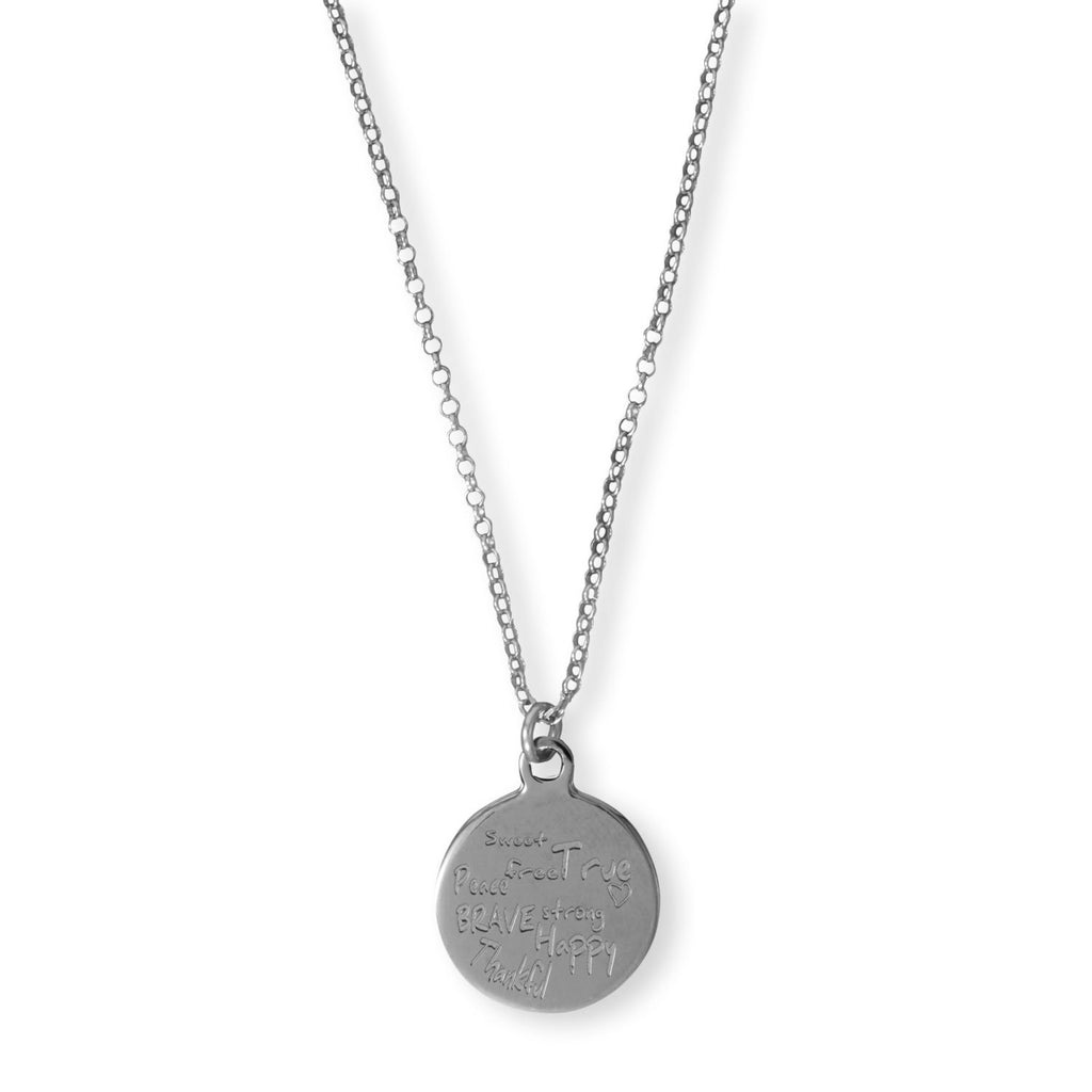 16" + 2" Rhodium Plated Positive Message Disk Necklace