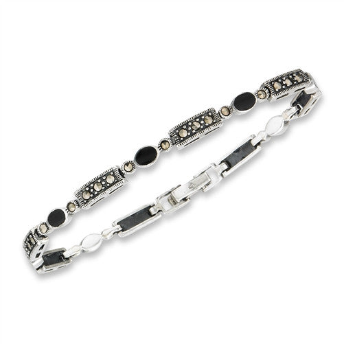 Sterling Silver Bracelet with Alternating Marcasite and Synthetic Black Onyx Links