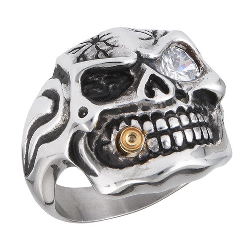 Stainless Steel Skull Ring with Gold IP Bullet and Clear CZ