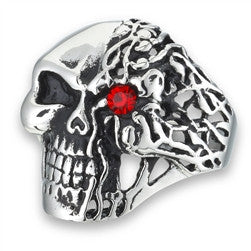 Stainless Steel Skull Ring with Red CZ Eye