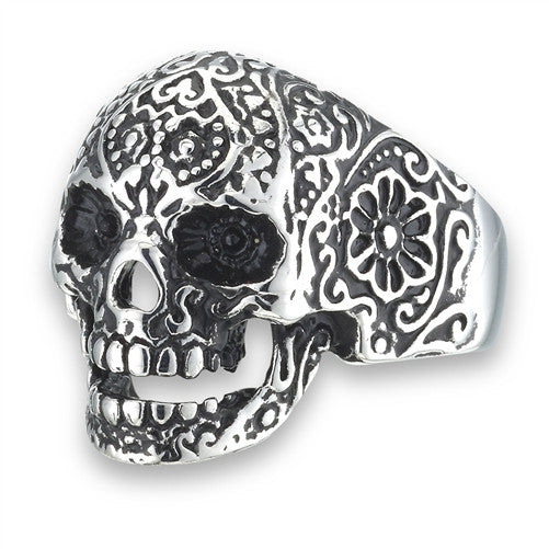 Stainless Steel Skull Ring with Flowers