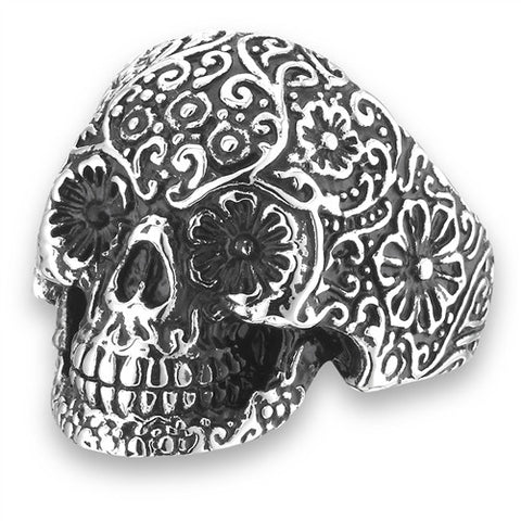Stainless Steel Skull Ring with Flowers