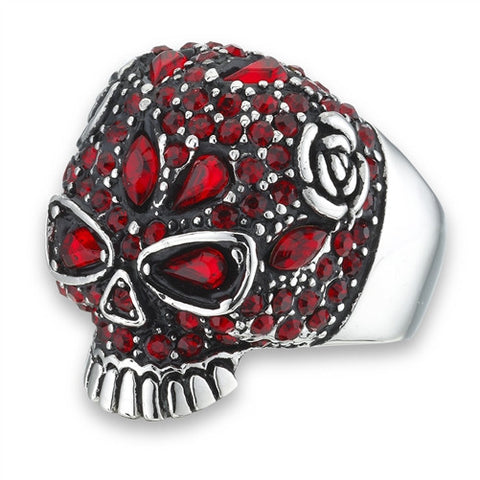 Stainless Steel Skull Ring Encrusted with 50+ Red CZ