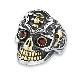 Stainless Steel Skull Ring with Red CZ and Gold IP