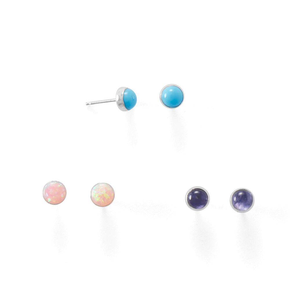 Set of 3 Synthetic Pink Opal, Reconstituted Turquoise, and Iolite Button Studs