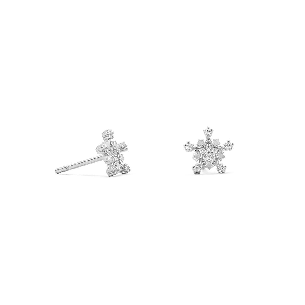Rhodium Plated Tiny Snowflake CZ Stud Earrings