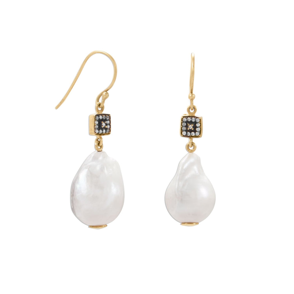 14 Karat Gold Plated CZ and Baroque Culture Freshwater Pearl Earrings