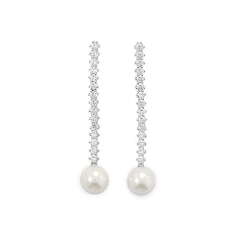 Sterling Silver Rhodium Plated CZ And Simulated Pearl Drop Earrings