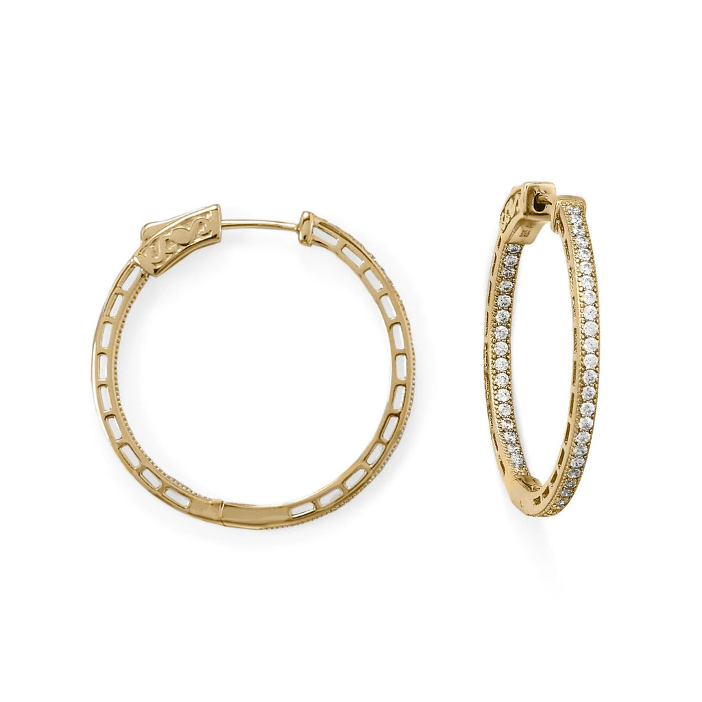 14 Karat Gold Plated Round In/Out CZ Hoop Earrings