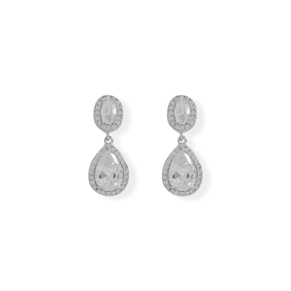 Rhodium Plated Oval and Pear CZ Drop Earrings