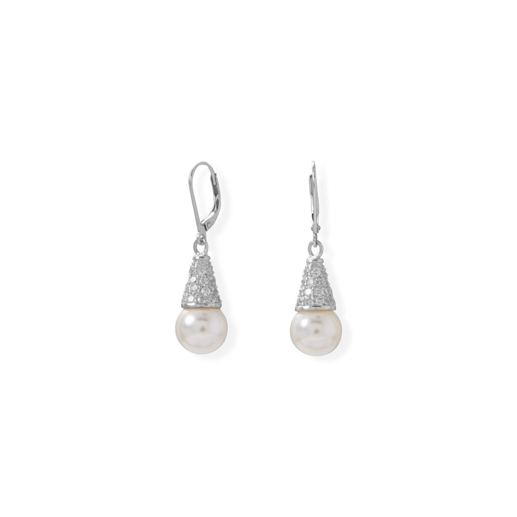 Simulated Pearl and Pave CZ Cone Lever Earrings