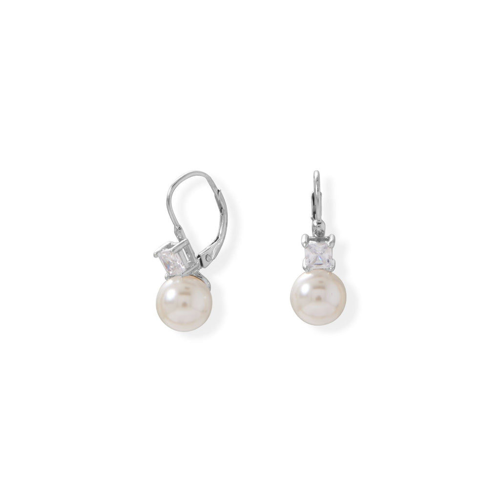 Simulated Pearl and Square CZ Lever Earrings