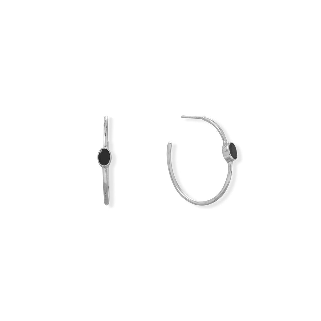 Rhodium Plated Oval Black Onyx 3/4 Hoop Earrings