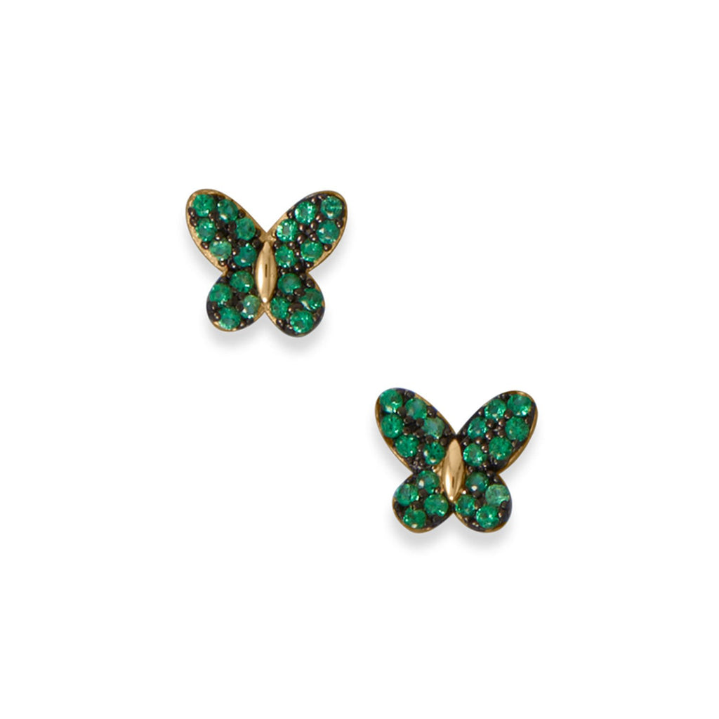 14 Karat Gold Plated Green CZ Butterfly Stud Earrings