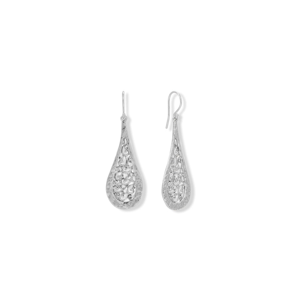 Hammered Filigree Pear Drop French Wire Earrings