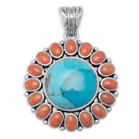 Sterling Silver Turquoise and Coral Sunburst Pendant