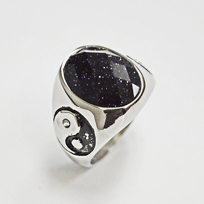 Stainless Steel Glitter Black Tiger Eye Ying & Yang Stone Ring