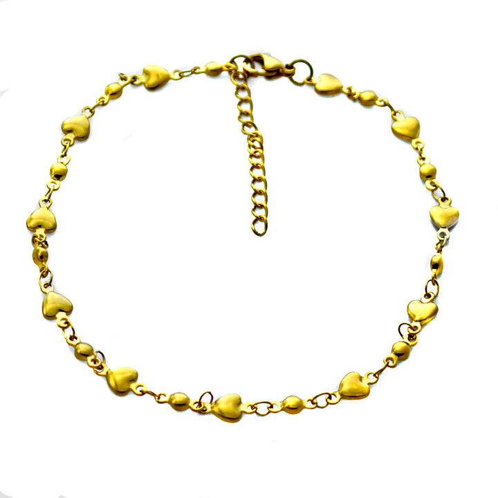 Stainless Steel Gold IP Heart  & Bead Ankle Bracelet