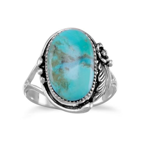 Sterling Silver Oval Turquoise Floral Design Ring