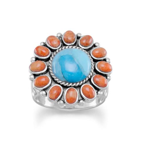 Sterling Silver Turquoise and Coral Sunburst Ring