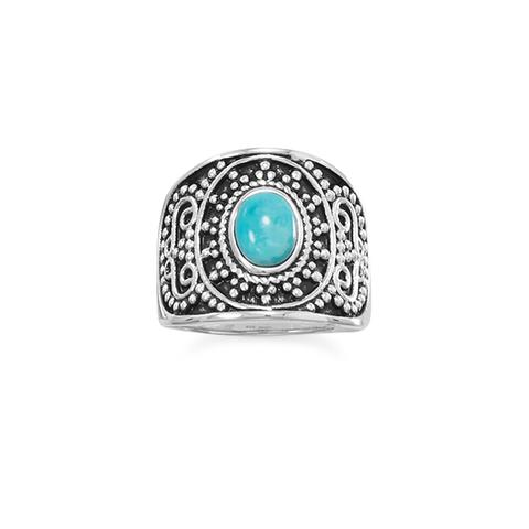 Sterling Silver Beaded Design Turquoise Ring