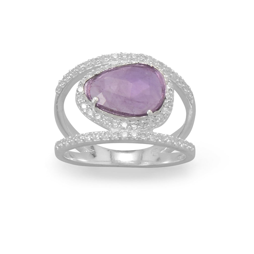 Rhodium Plated Amethyst and CZ Split Band Ring