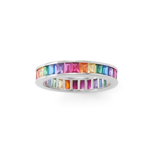 Sterling Silver Rhodium Plated Rainbow CZ Ring