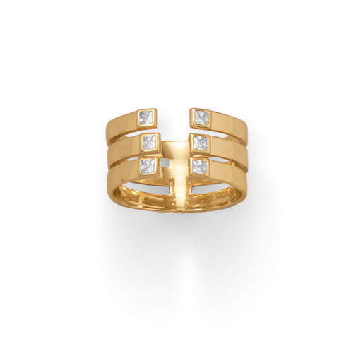 14 Karat Gold Plated 3 Row CZ Ring
