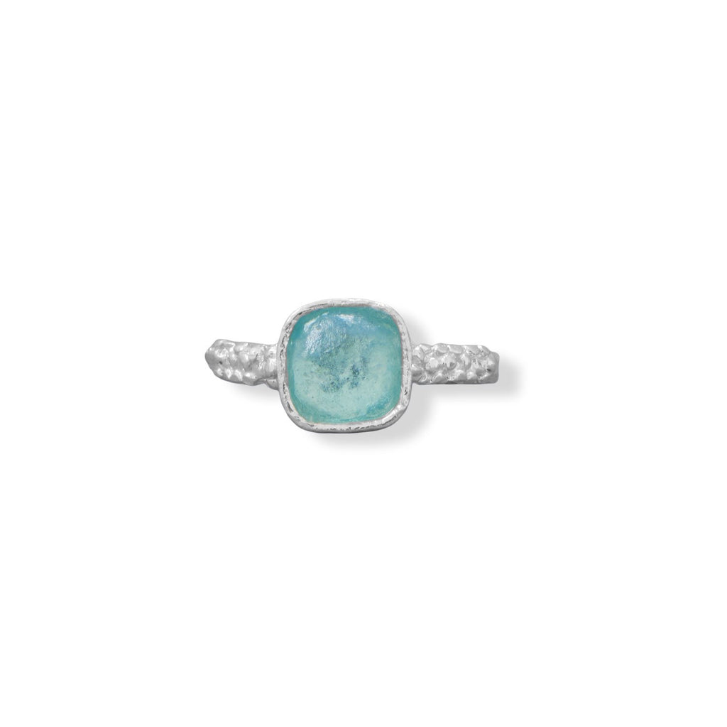 Sterling Silver Square Aqua Roman Glass with Pebble Band Ring