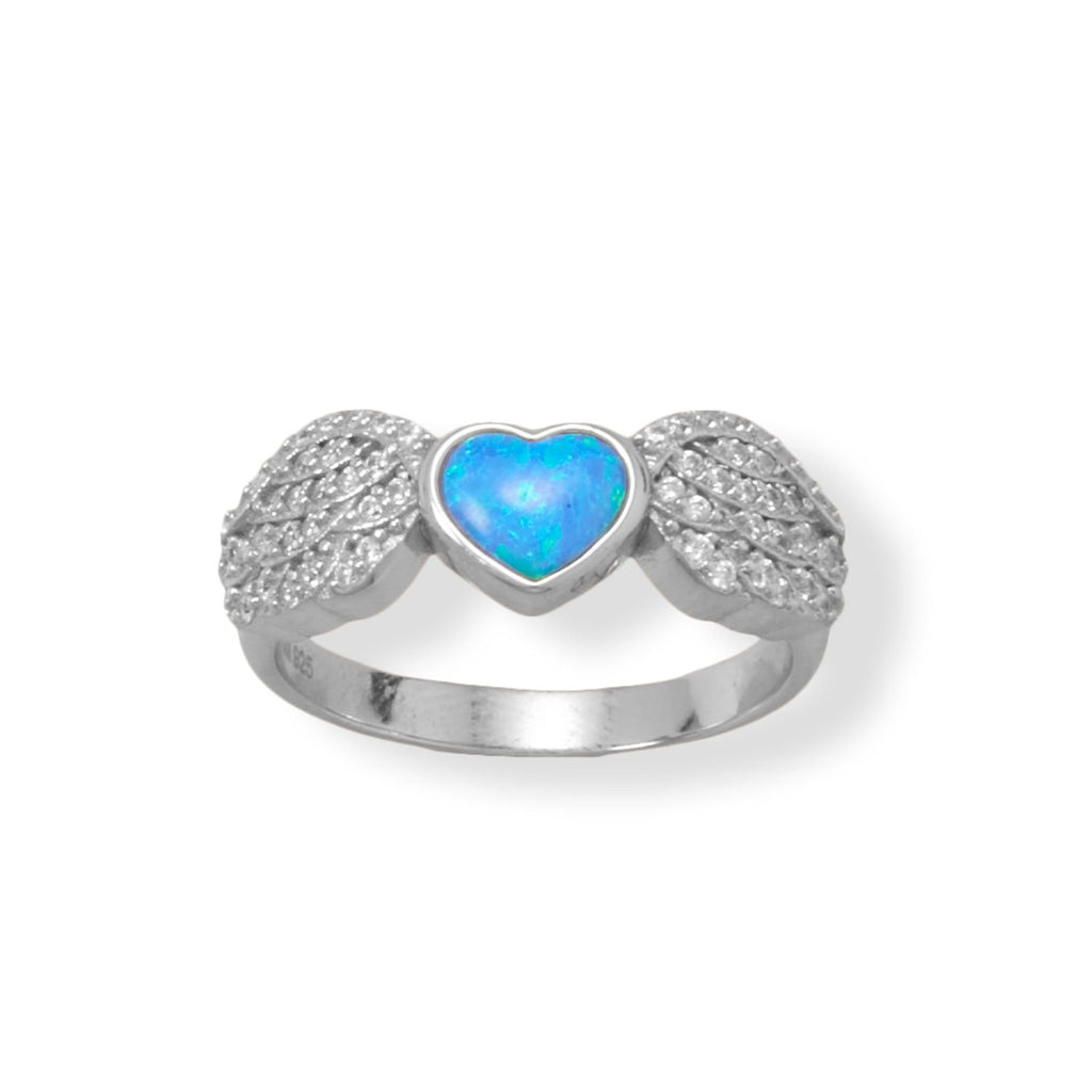 Rhodium Plated CZ Wing and Blue Opal Heart Ring