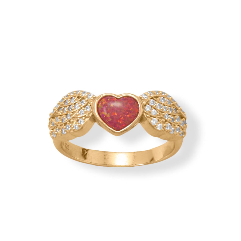 16 Karat Gold Plated CZ Wing and Red Opal Heart Ring