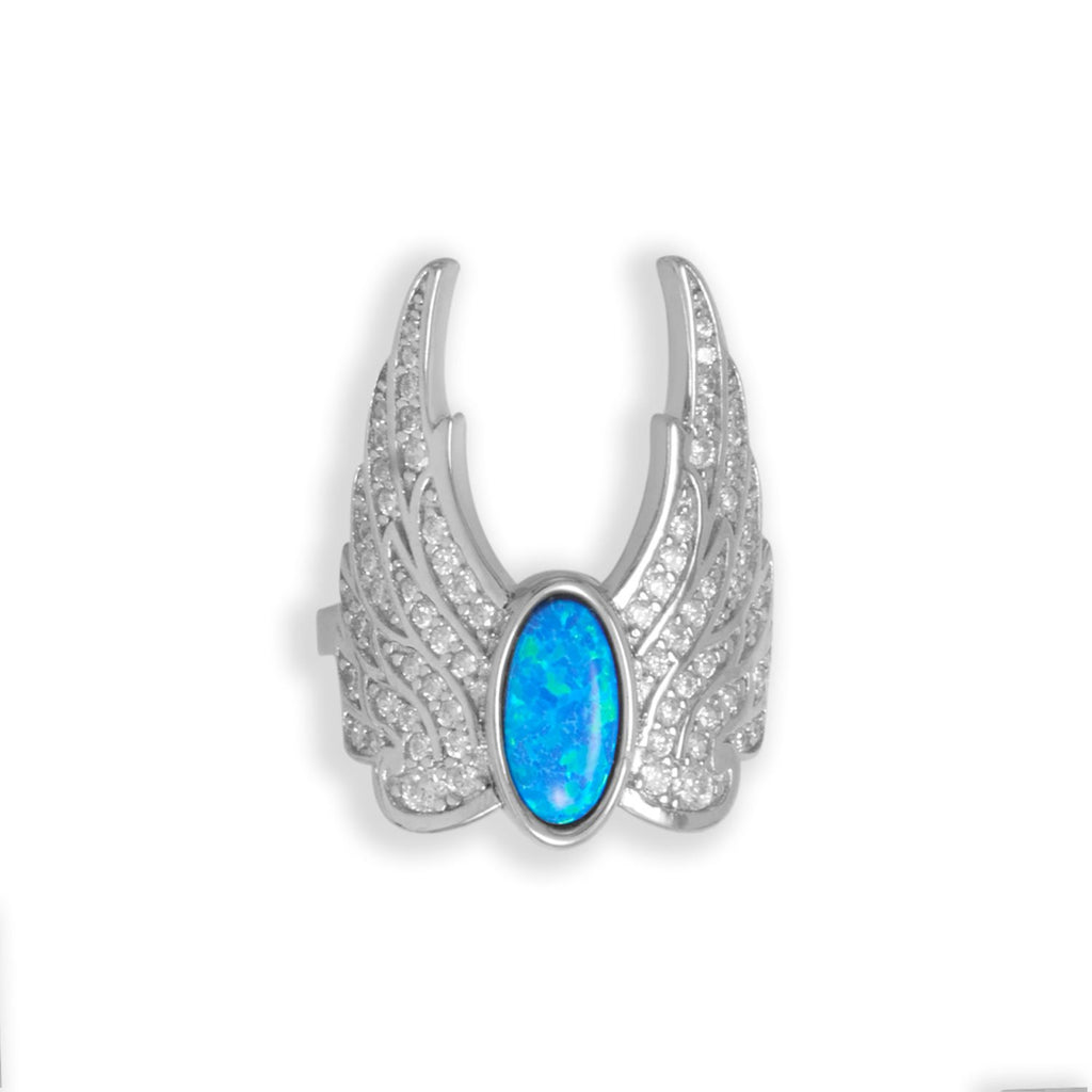 Rhodium Plated CZ and Blue Synthetic Opal Angel Wings Ring