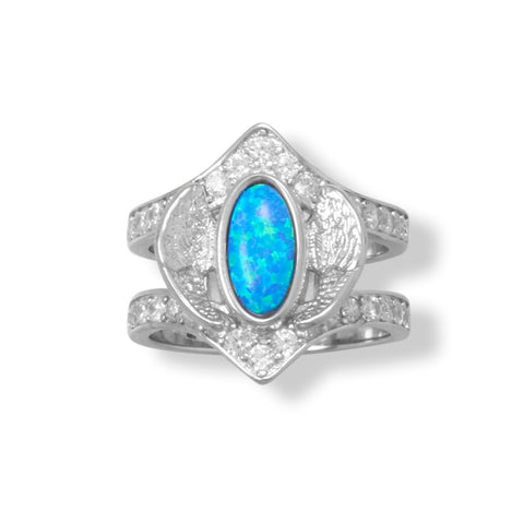Rhodium Plated CZ Wings Ring with Opal Center