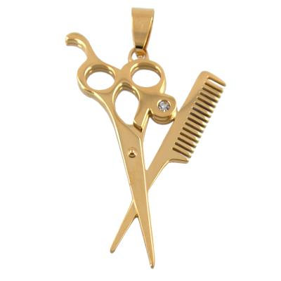 Stainless Steel Gold Comb and Scissor Pendant Necklace